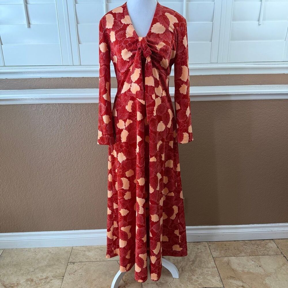 Vintage 70s Red Floral Maxi Dress Tie Front Prairie Boho Retro Long Sleeve Sz 10